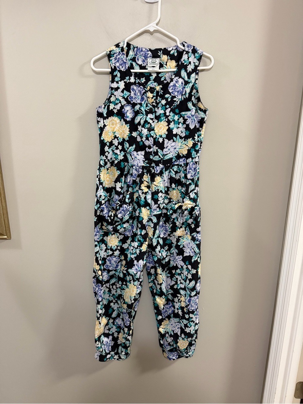 Vintage Laura Ashley Black Floral Cottagecore Sleeveless Jumpsuit with Pockets